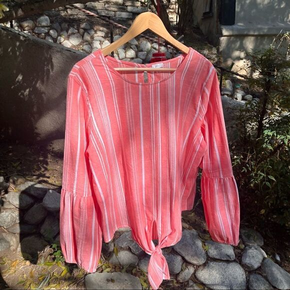 ROSE CORAL WHITE STRIPE LONG BELL SLEEVE KNOTTED BLOUSE SIZE XL - Picture 9 of 9
